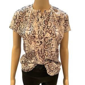 Cream and Brown Relaxed Blouse with Cap Sleeves and Mandarin Collar